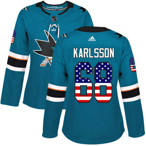 Adidas Sharks #68 Melker Karlsson Teal Home Authentic USA Flag Women's Stitched NHL Jersey